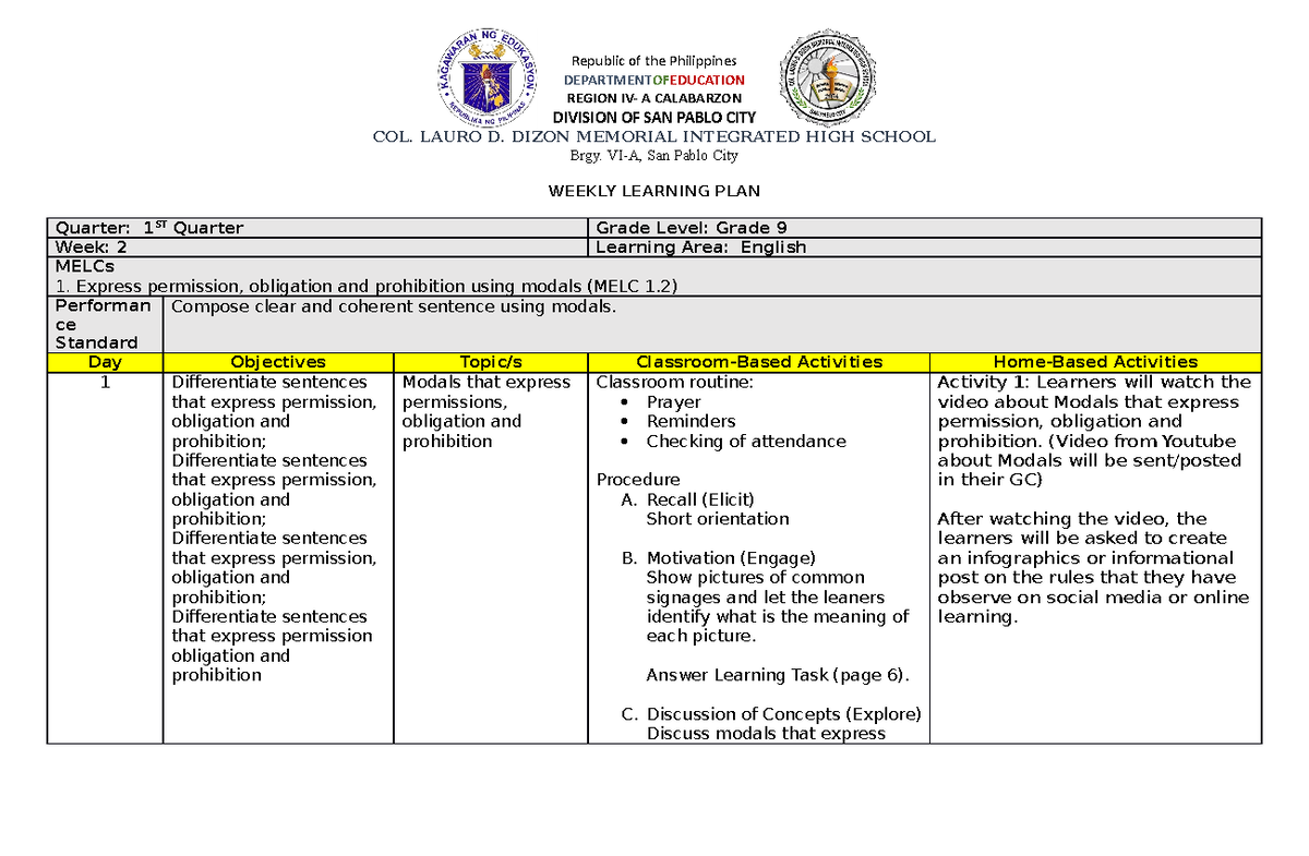 English-9Q1-W2- Weekly Learning PLAN Reymundodia ...