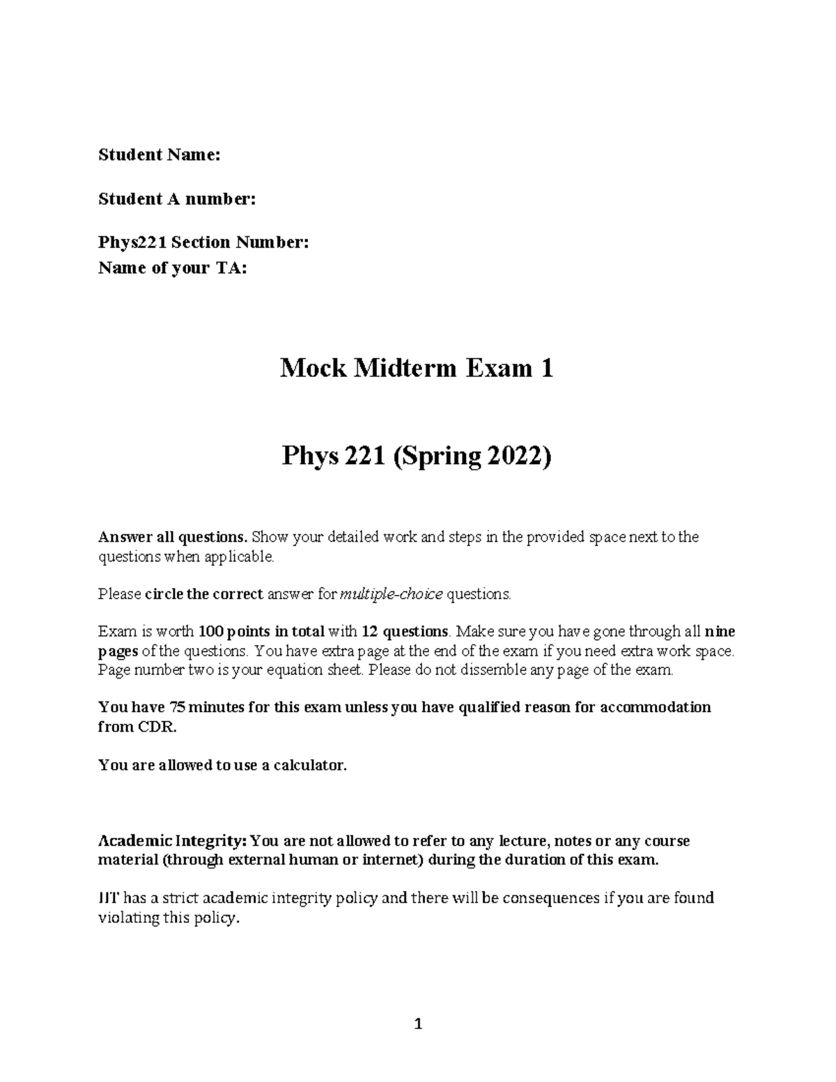 Answer Key Mock Exam Midterm 1 PHYS 221 Student Name Student A