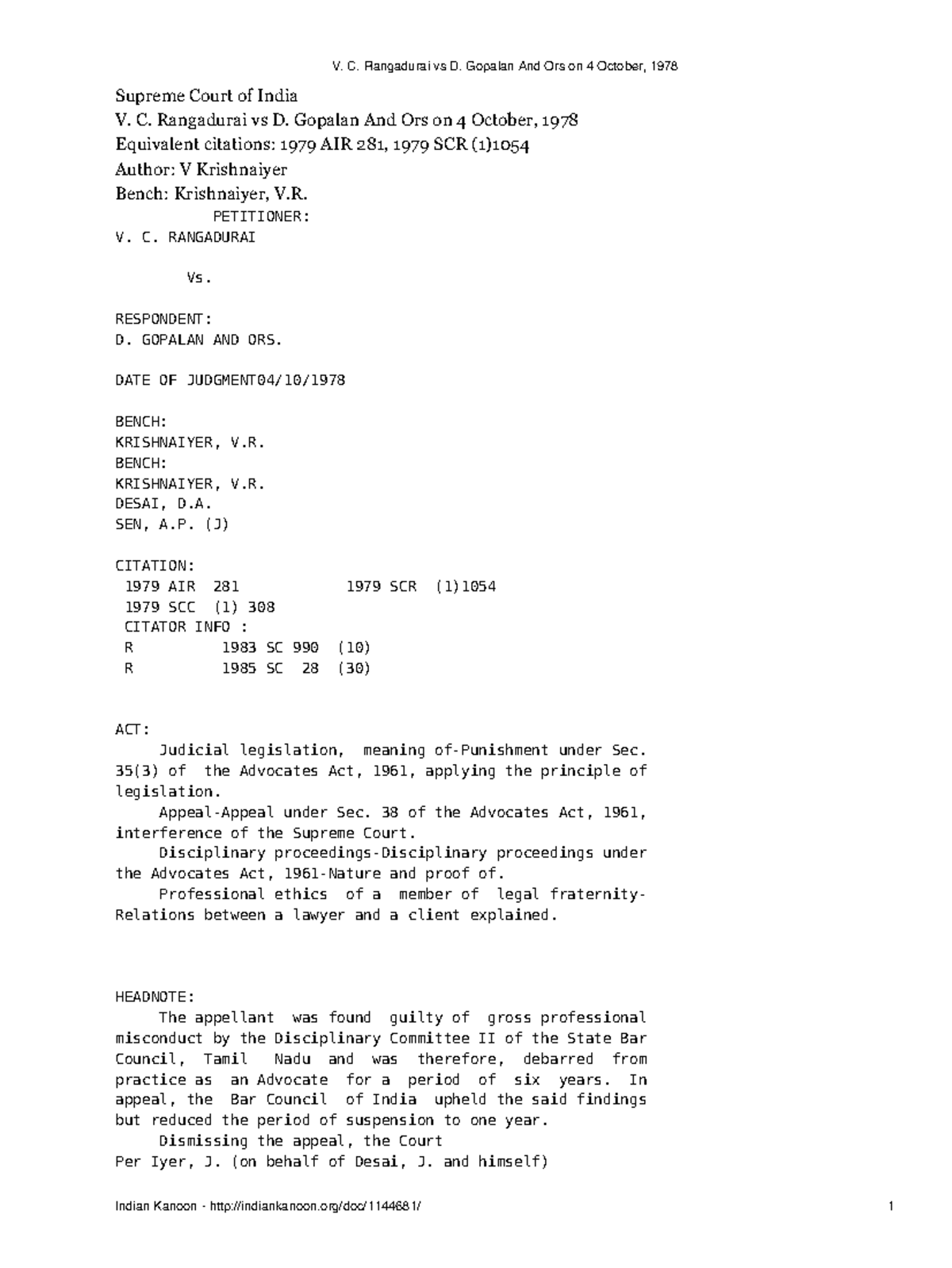 V C Case Law Supreme Court Of India Rangadurai Vs Gopalan And Ors On October Studocu