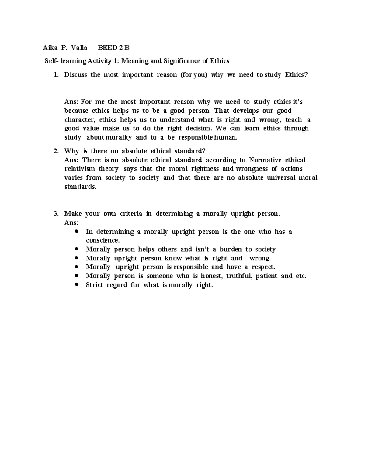 Activity 1 Ethics - Aika P. Valla BEED 2 B Self- learning Activity 1 ...