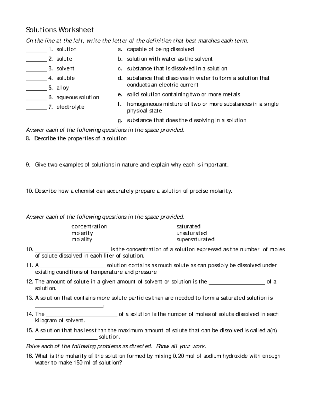 Solutions Worksheet - Solut ions Wor ksheet On t he l i ne at t he l ef ...