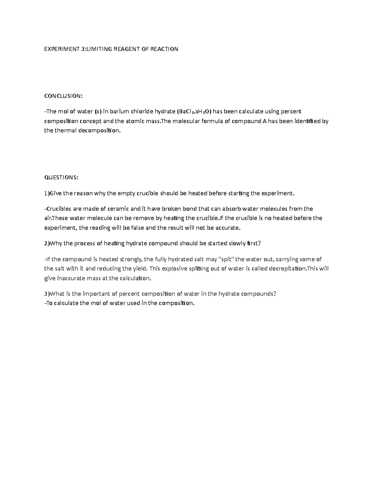 LAB REPORT LIMITING REAGENT EXPERIMENT 3LIMITING REAGENT OF REACTION
