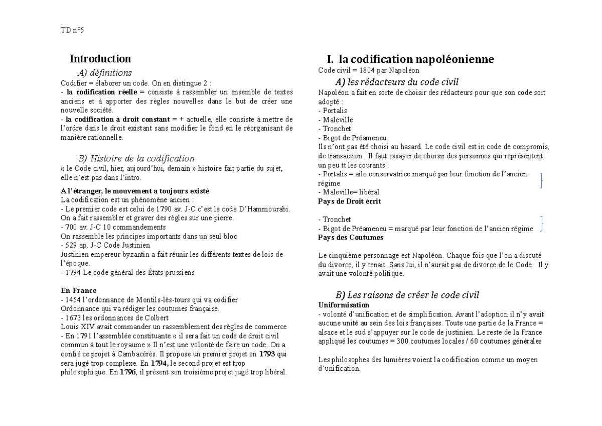 Ordonnance De Montils Les Tours Travaux dirigés de droit civil n°5 - Introduction A) définitions Codifier =  élaborer un code. On en - Studocu