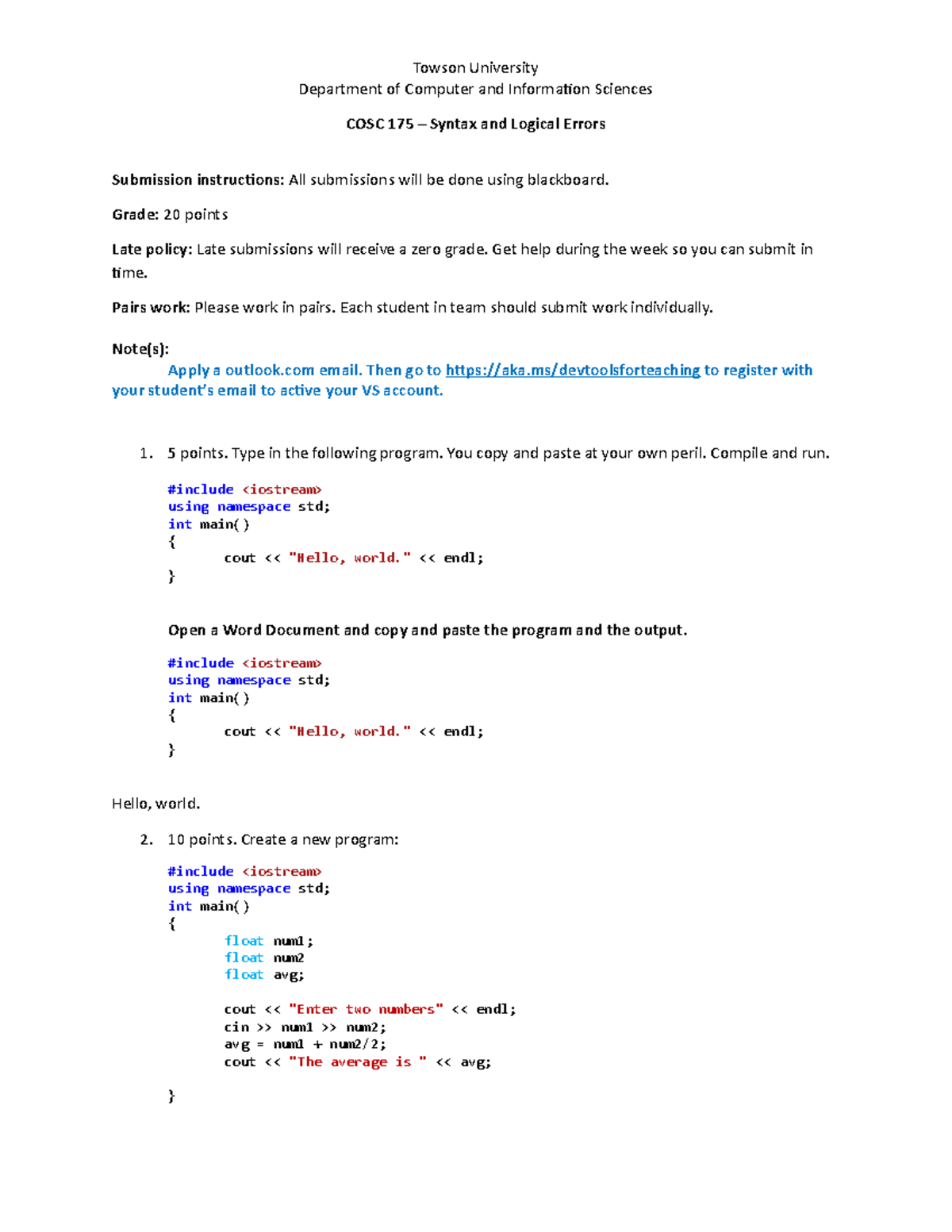 Lab 1 - LAB 1 - Towson University Department of Computer and ...