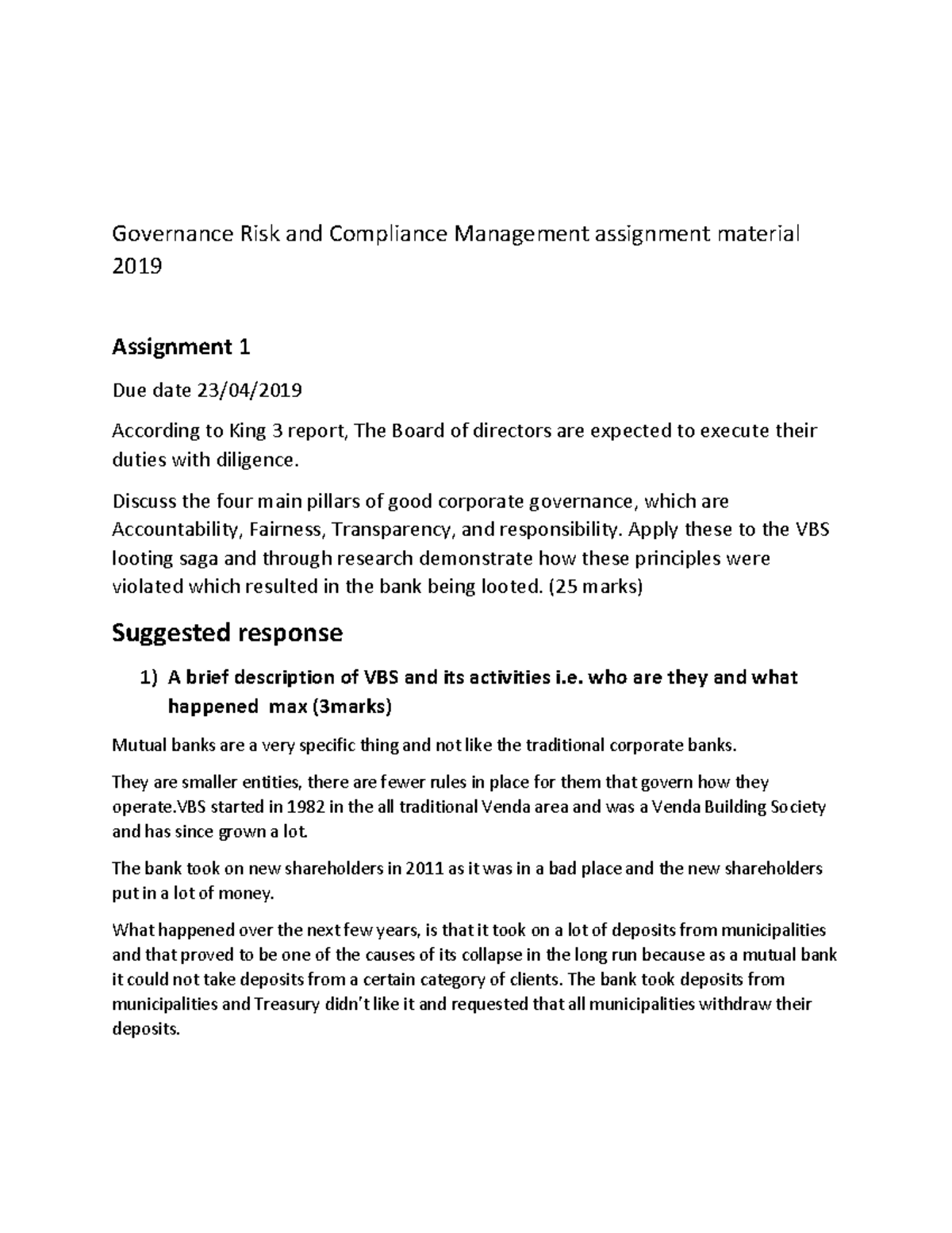 Memo4 VBS Assignments Marking memo 2022 Governance Risk and
