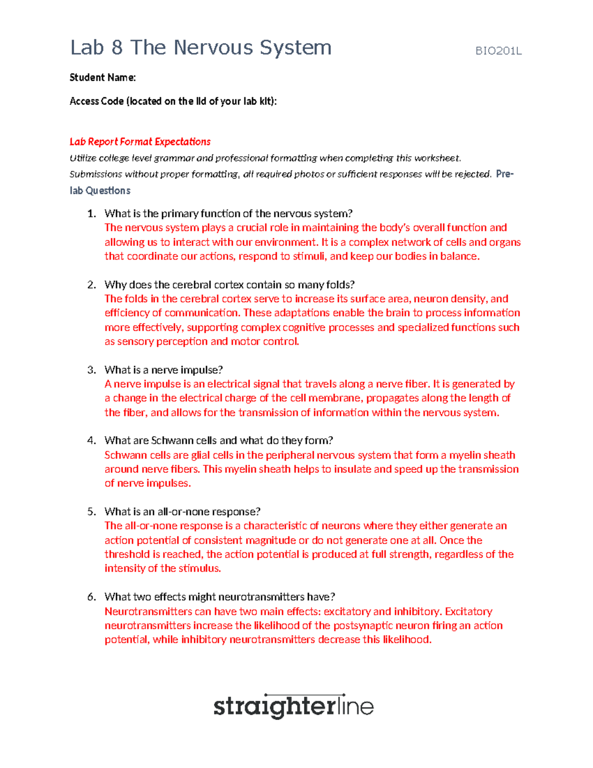 BIO201 Lab 8 - assignment - Student Name: Access Code (located on the ...