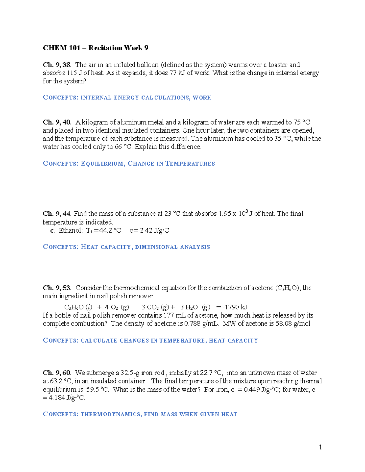 CHEM 101 Recitation Week 9 - CHEM 101 – Recitation Week 9 Ch. 9, 38 ...