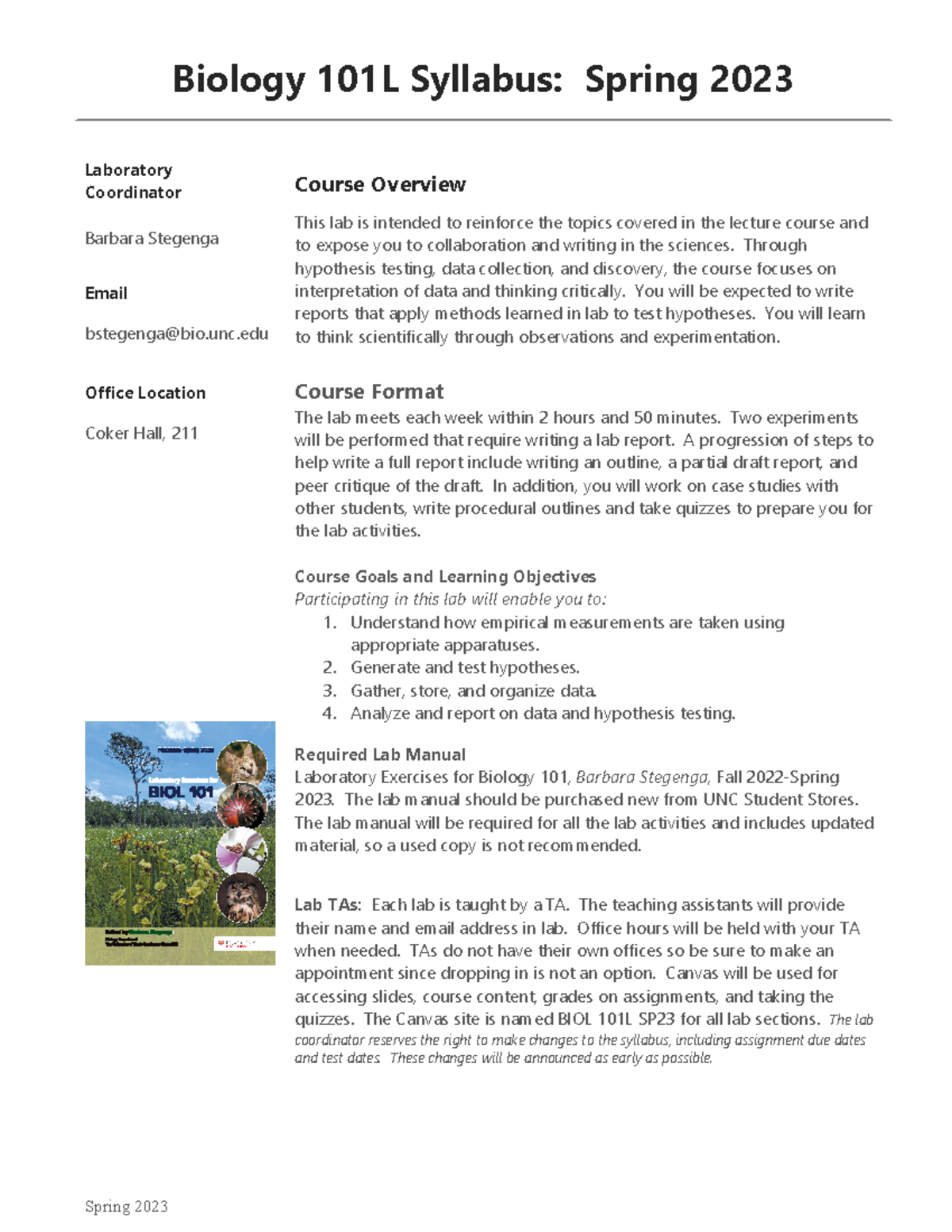 Biology 101L Syllabus Spring 2023 - Spring 2023 Biology 101L Syllabus ...