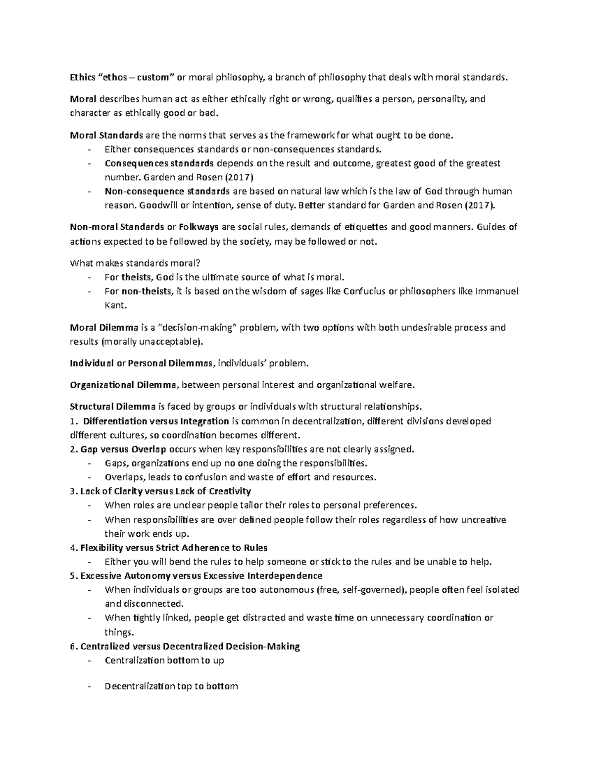 Ethics Notes - Ethics “ethos – custom” or moral philosophy, a branch of ...