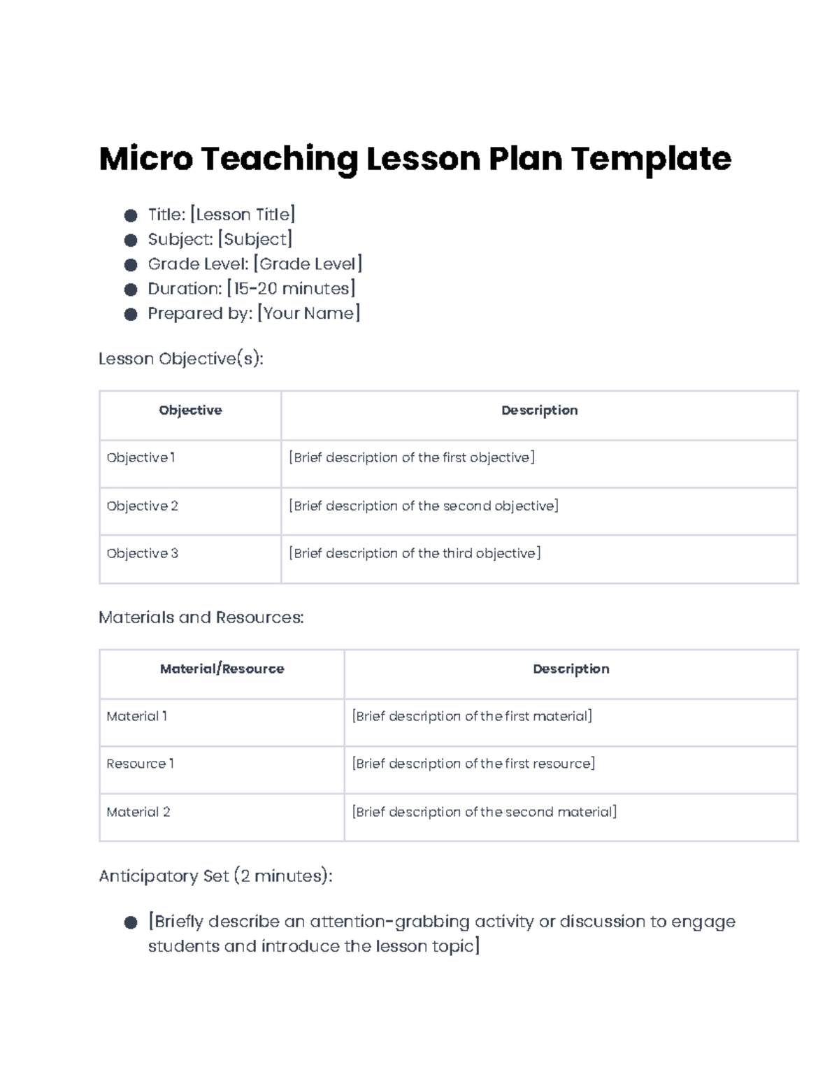 Micro Teaching Lesson Plan Template - Formative Assessment: [Briefly ...