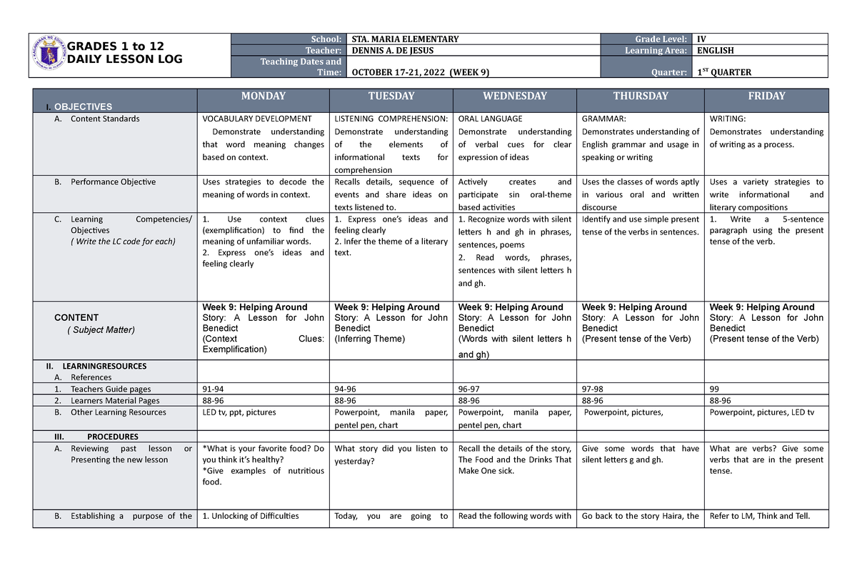 DLL English 4 Q1 W9 - NONE - GRADES 1 To 12 DAILY LESSON LOG School ...