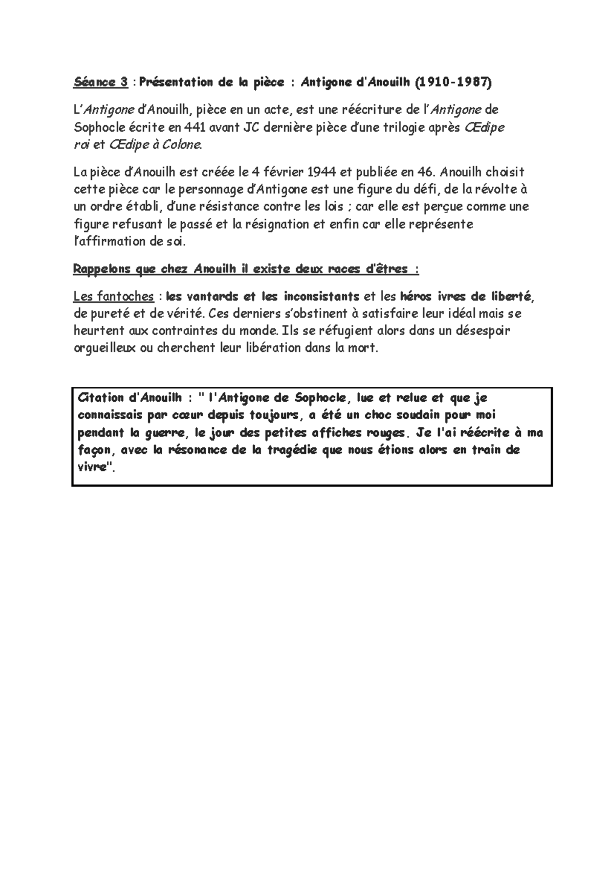 Seance 3 Du Lyce La Martiniere Diderot En Histoire Seance 3 Presentation De La Piece Antigone Studocu