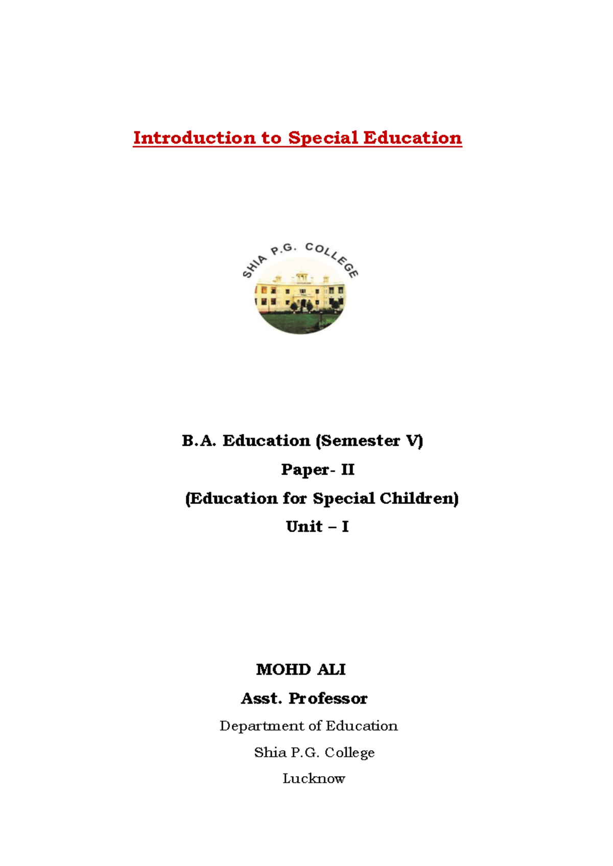 Introduction TO Special Education - Education (Semester V) Paper- II ...