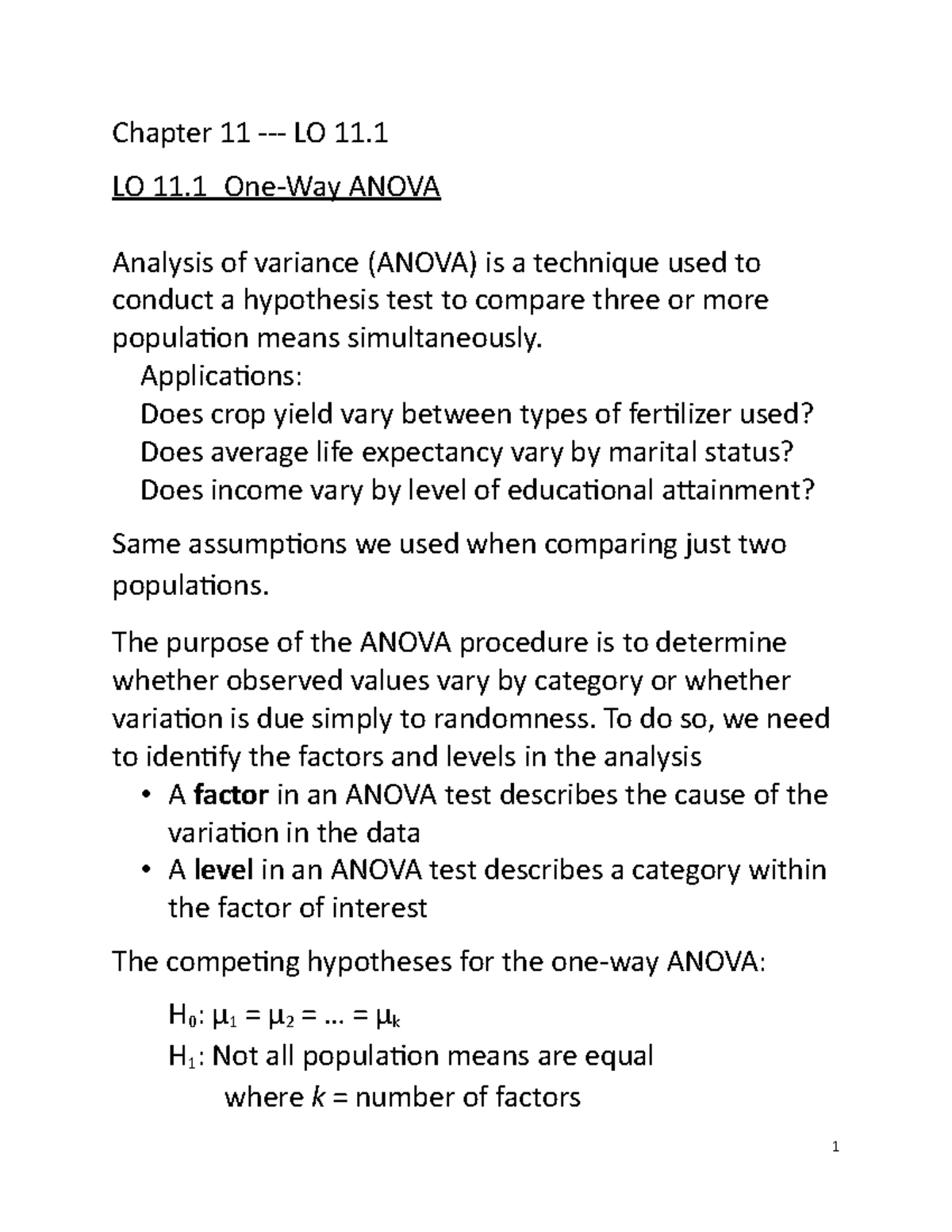 Chapter 11 Notes - Chapter 11 - LO 11. LO 11 One-Way ANOVA Analysis Of ...