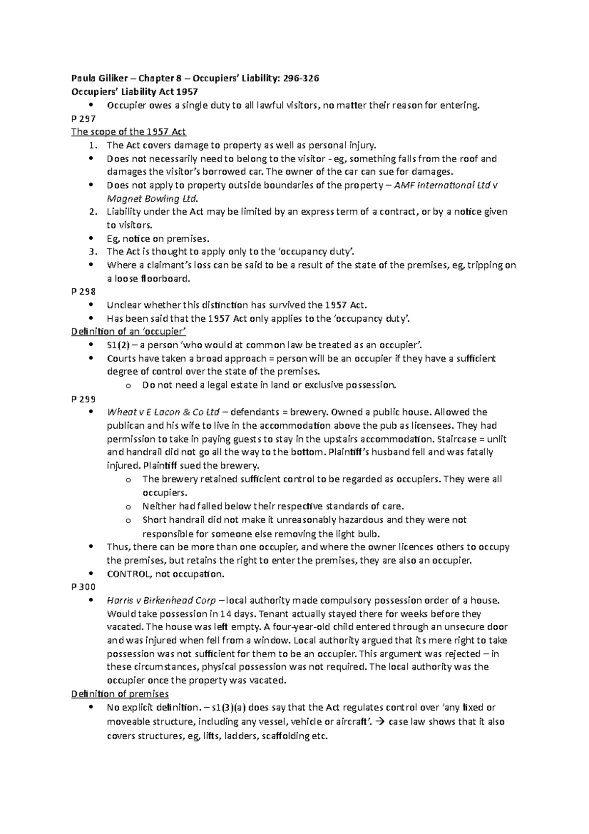 Tort - Occupiers' Libaility textbook notes - Paula Giliker – Chapter 8 ...