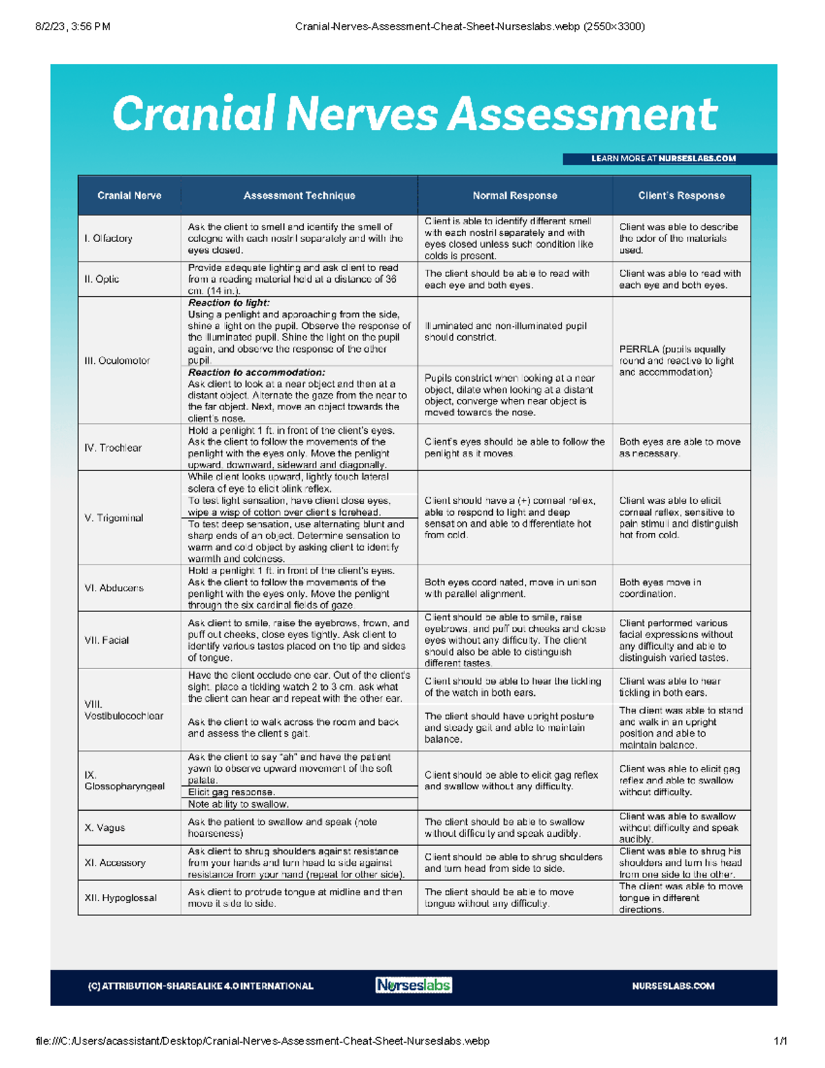 Cranial Nerves Assessment Cheat Sheet Nurseslabs - Kins 242 - 8 2 23, 3 