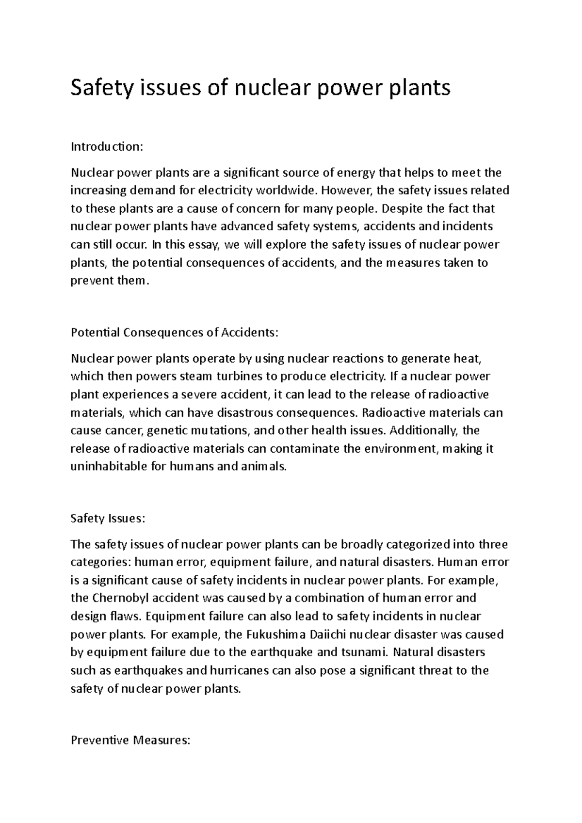 Note on Safety issues of nuclear power plants Safety issues of nuclear power plants