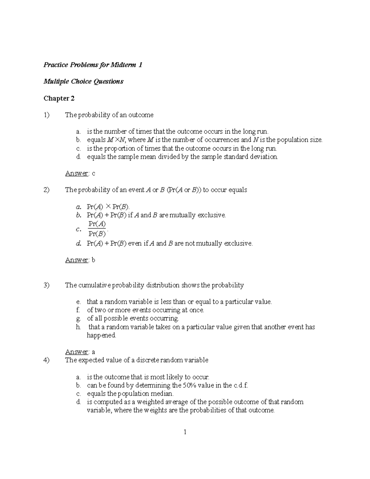 Practice Problems For Midterm 1 - B. C. D. Is The Number Of Times That ...