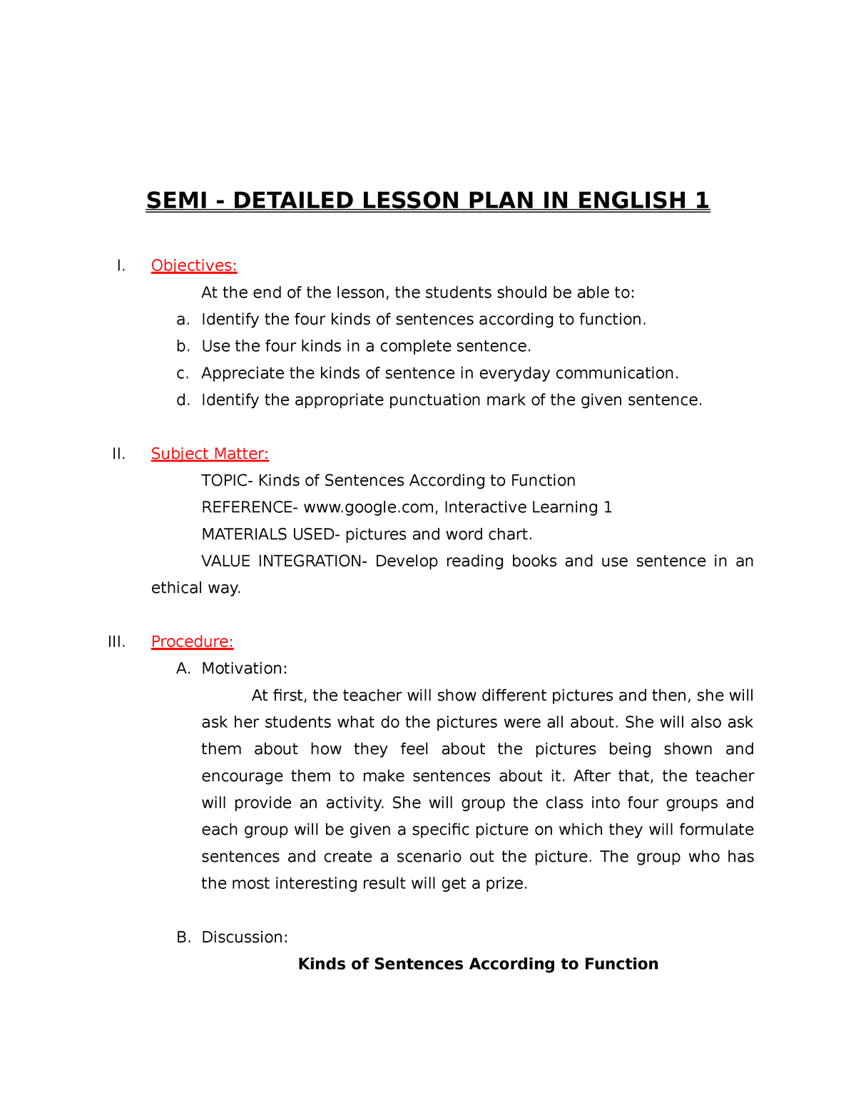 Semi Detailed Lesson Plan In English 1 Semi Detailed Lesson Plan In English 1 I Objectives