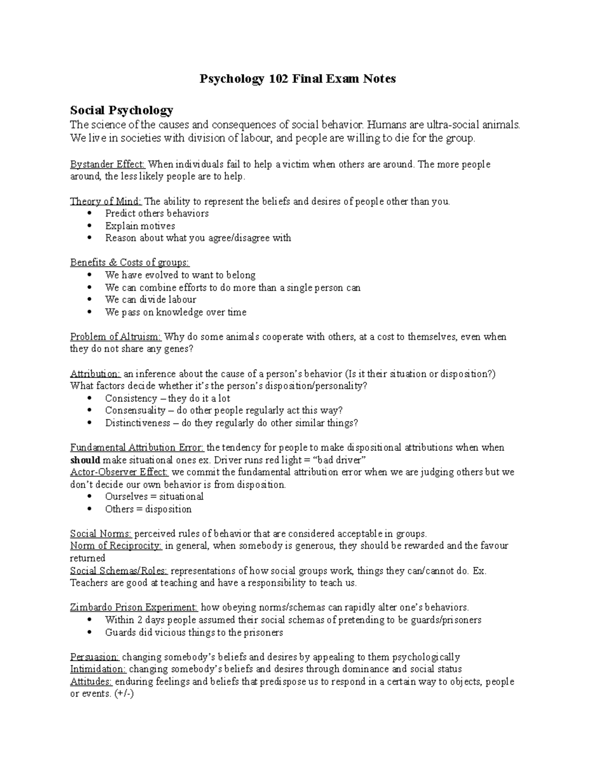 Psychology 102 Final Exam Notes Psychology 102 Final Exam Notes Social Psychology The Science