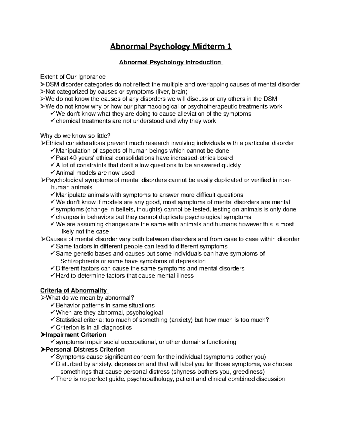 Abnormal Psychology- Midterm I Review - Abnormal Psychology Midterm 1 ...