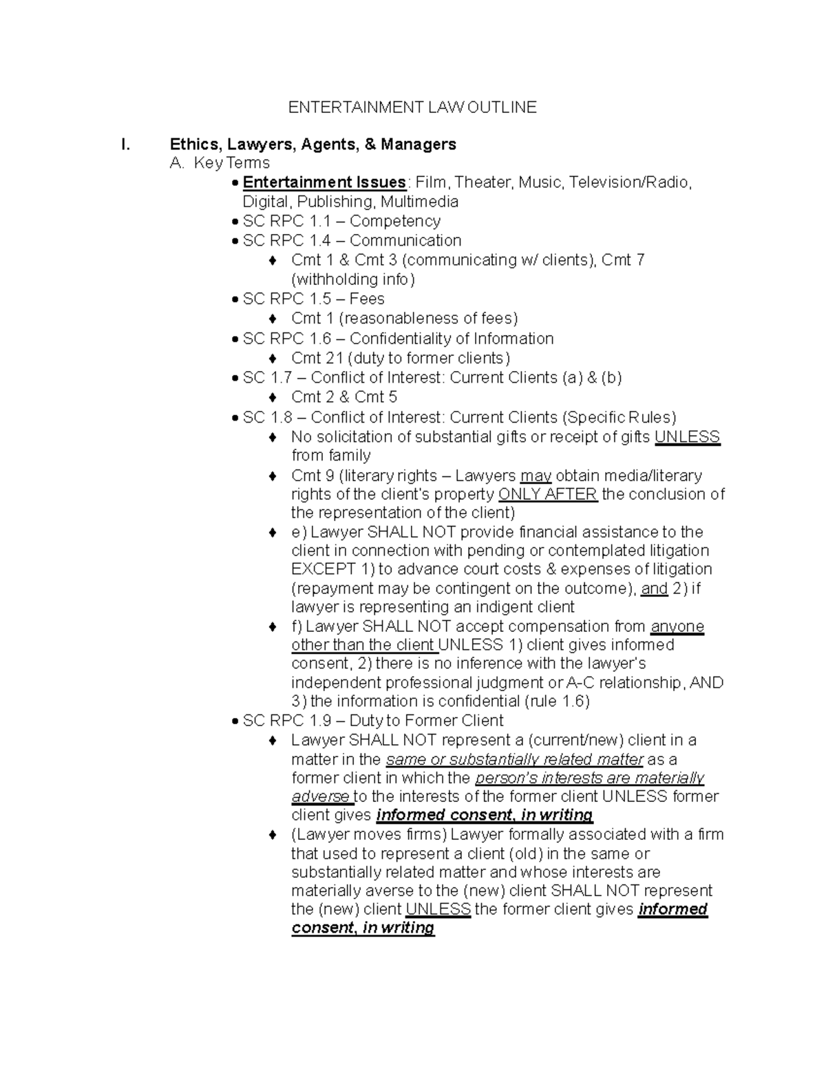 Entertainment Law Outline Ethics Lawyers Agents Managers Studocu