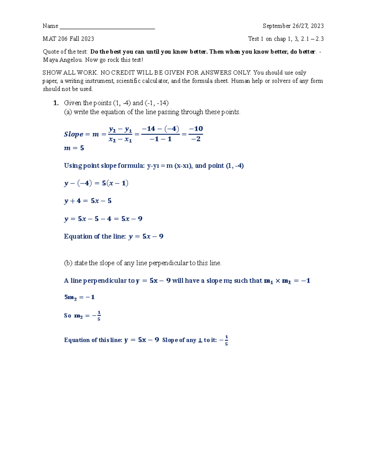 Test1Fall2023 Solutions - Name _____________________________ September ...