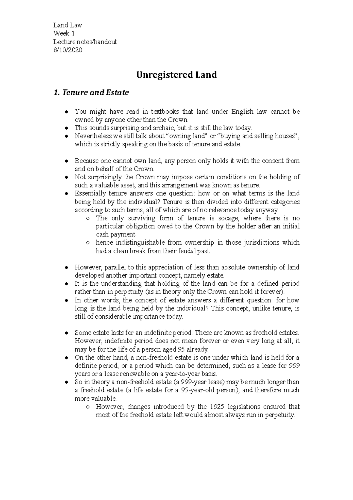 Lecture Notes - Unregistered Land - Week 1 Lecture notes/handout 8/10 ...