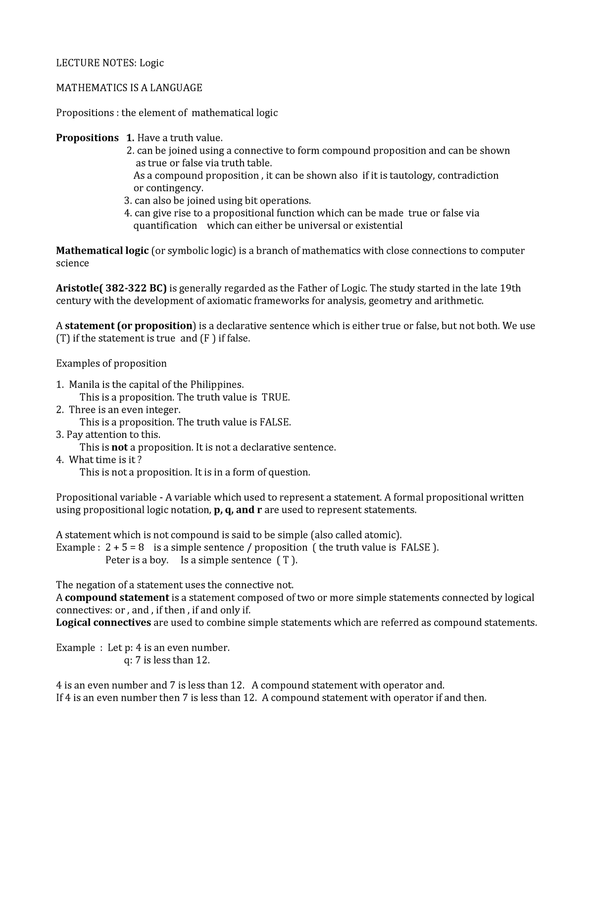 Lecture-NOTElogic - Math in the modern world (MMW) - LECTURE NOTES ...