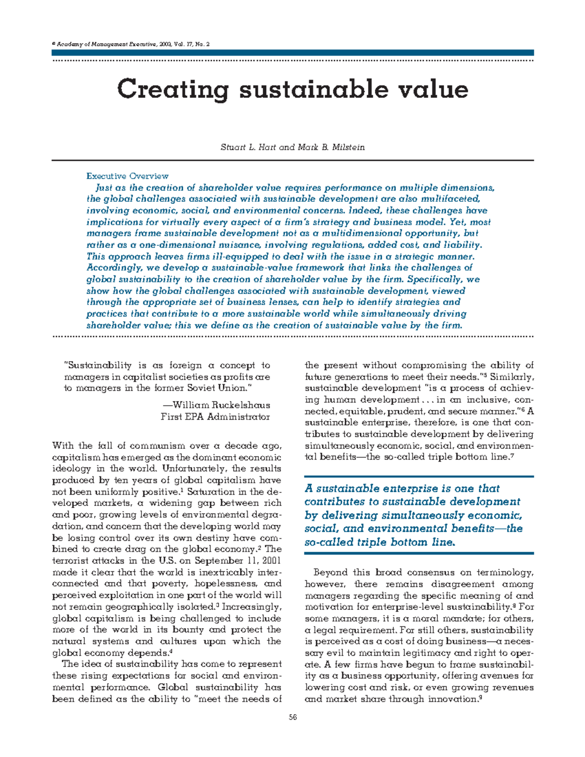 Creating sustainable value - Creating sustainable value Stuart L. Hart ...