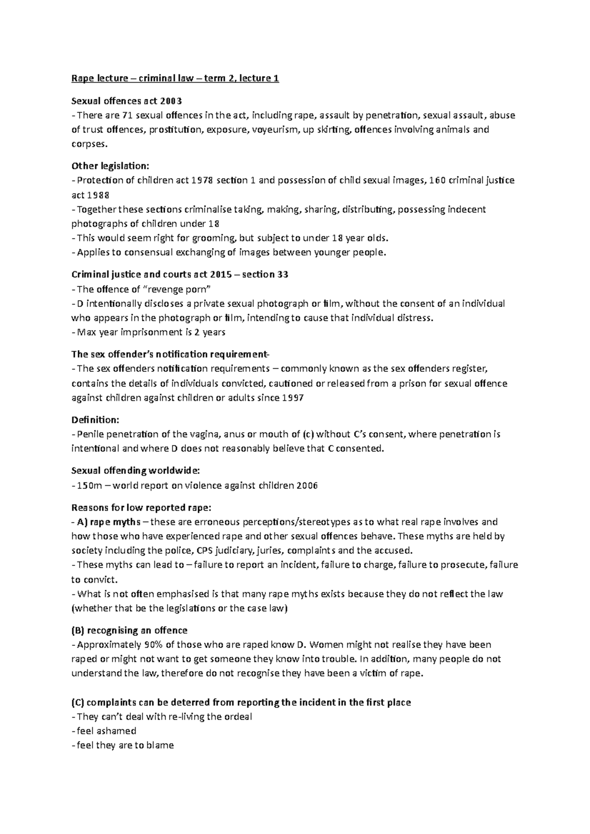 Crim lectures for term 2 - Rape lecture – criminal law – term 2 ...