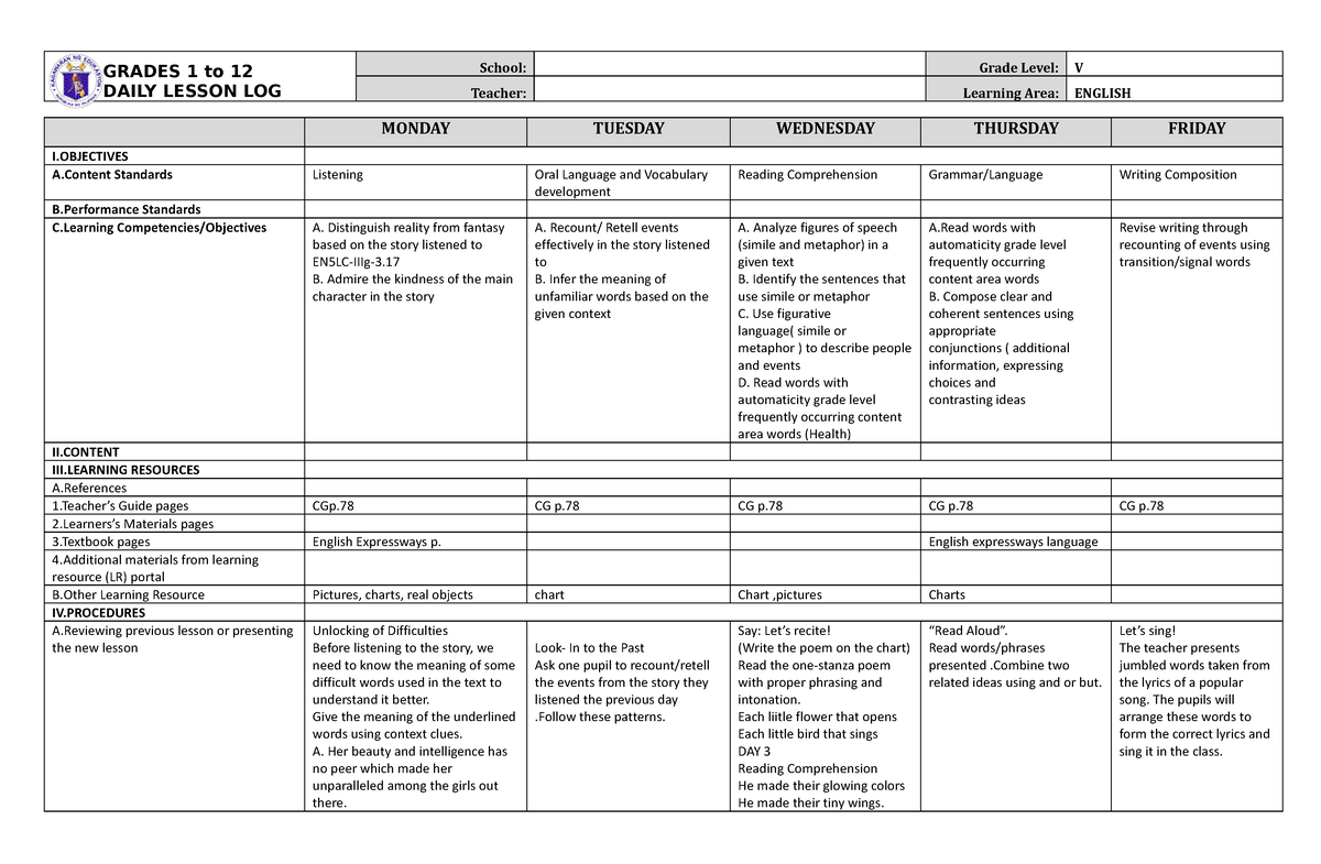 DLL English 5 Q1 W7 - LESSON PLAN - GRADES 1 to 12 DAILY LESSON LOG ...