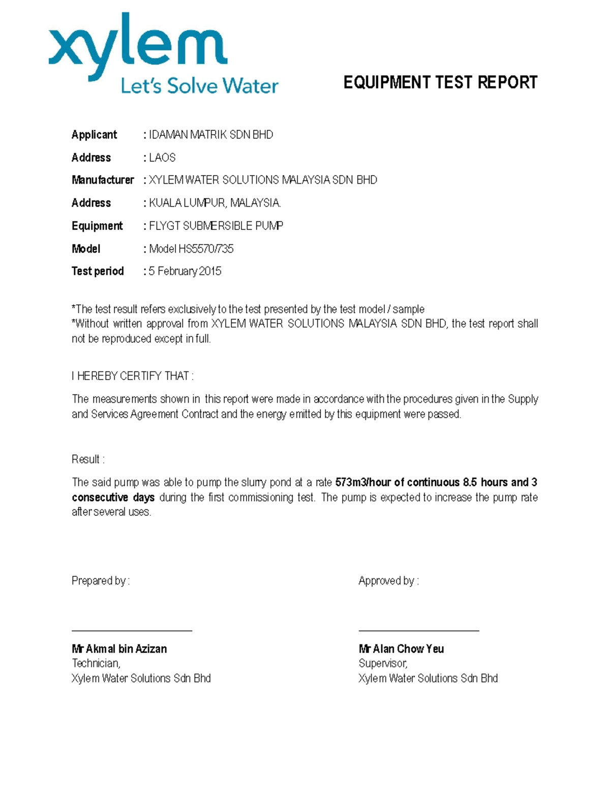 Equipment TEST Report.docx EQUIPMENT TEST REPORT Applicant IDAMAN