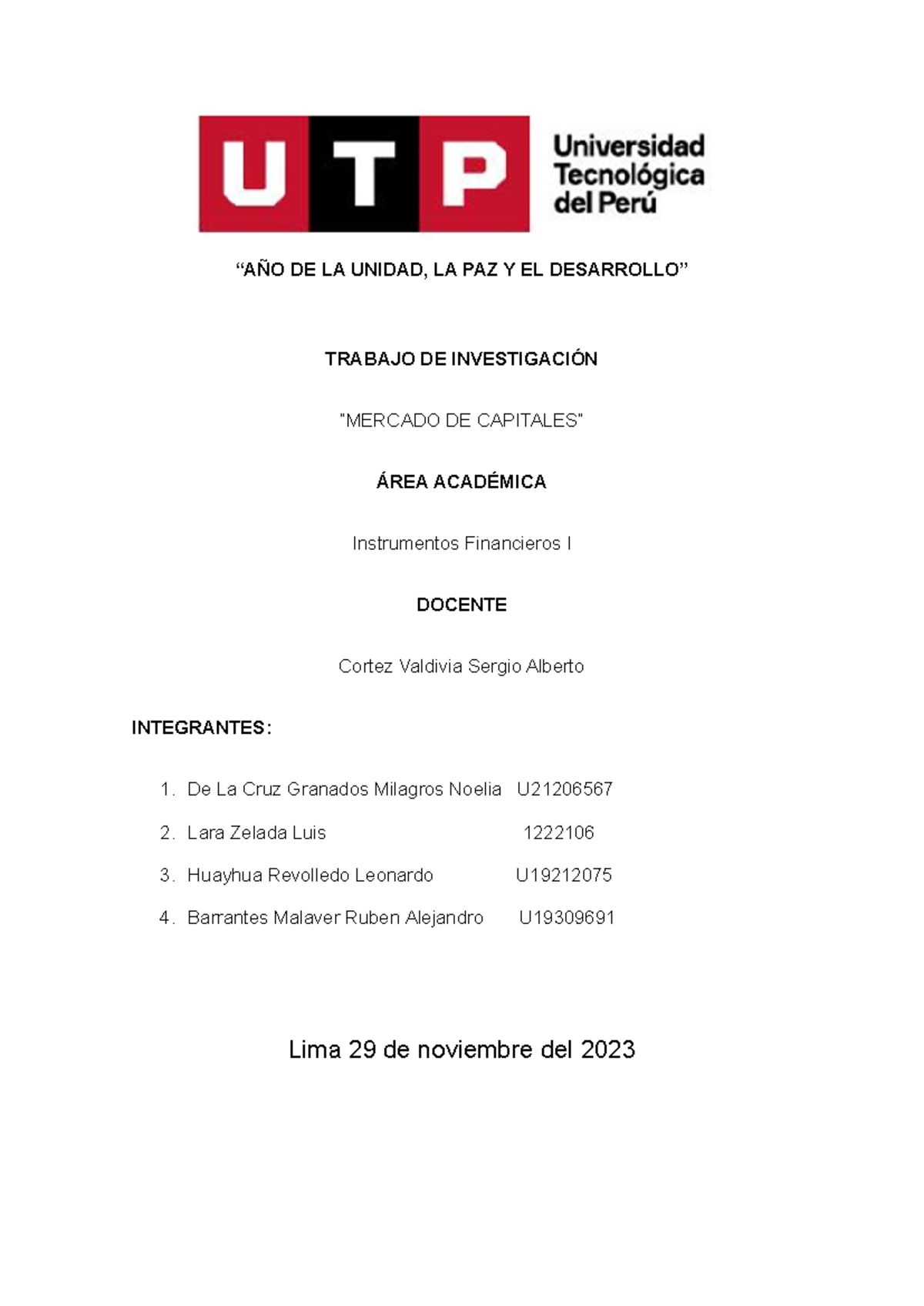 Avance 3- Mercado DE Capitales Grupo 3 - “AÑO DE LA UNIDAD, LA PAZ Y EL ...