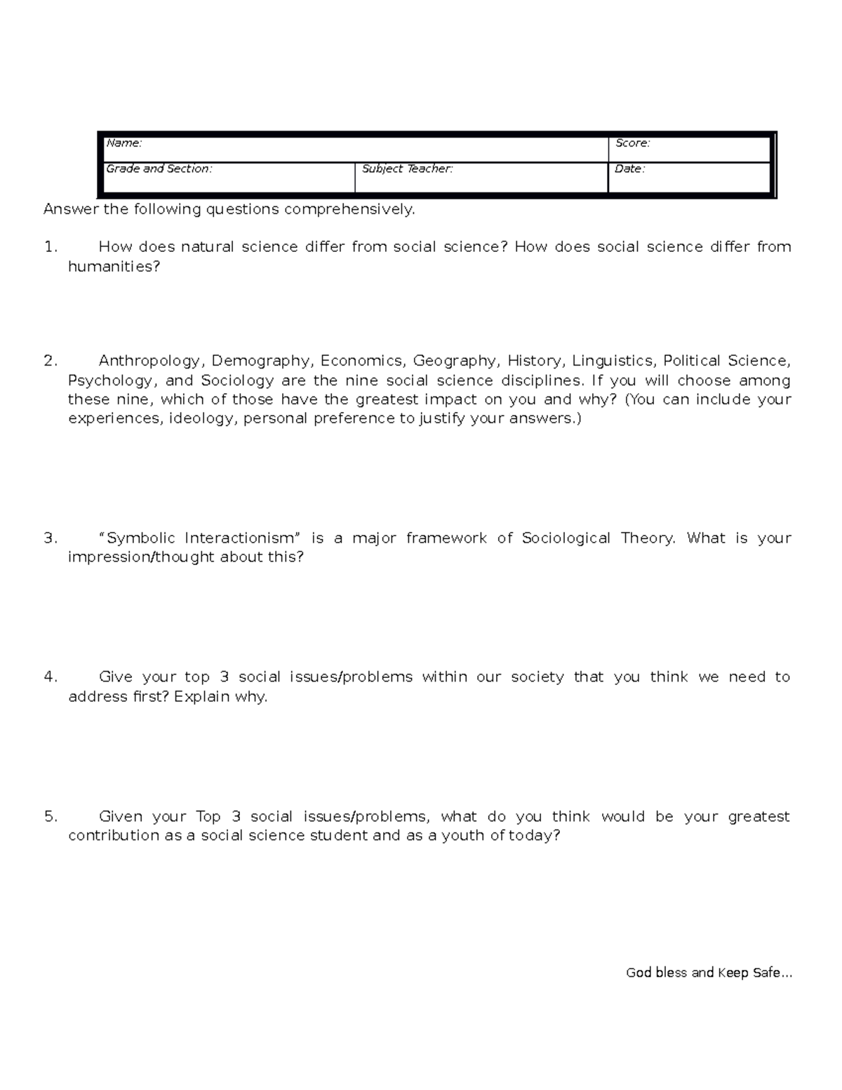 Final Summative Assessment in DISS - Name: Score: Grade and Section ...