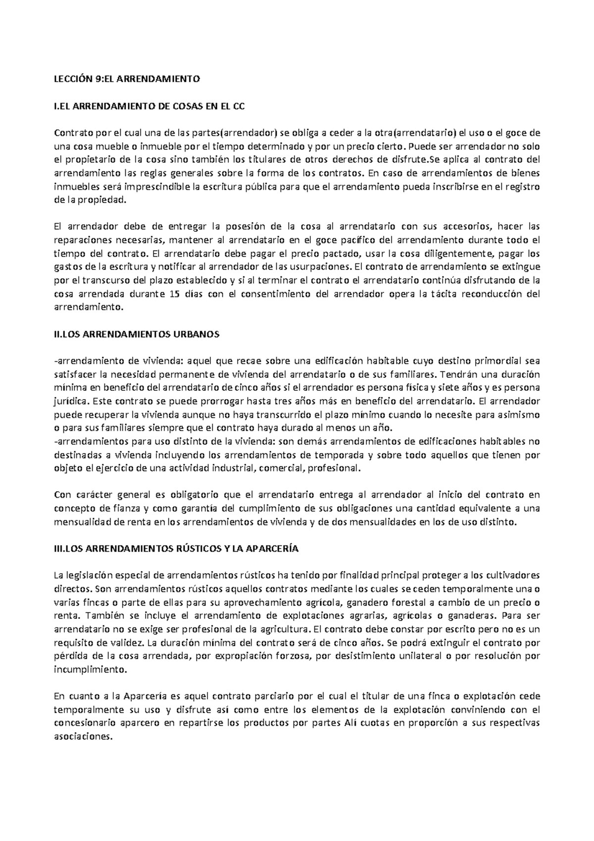 LeccióN 9 apuntes claros LECCIÓN 9EL ARRENDAMIENTO I ARRENDAMIENTO LeccióN 9 apuntes claros LECCIÓN 9EL ARRENDAMIENTO I ARRENDAMIENTO