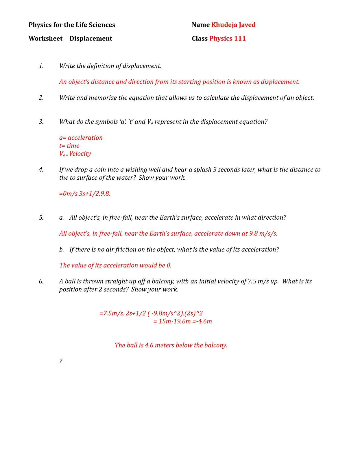 Worksheet displacement - Physics for the Life Sciences Name Khudeja ...