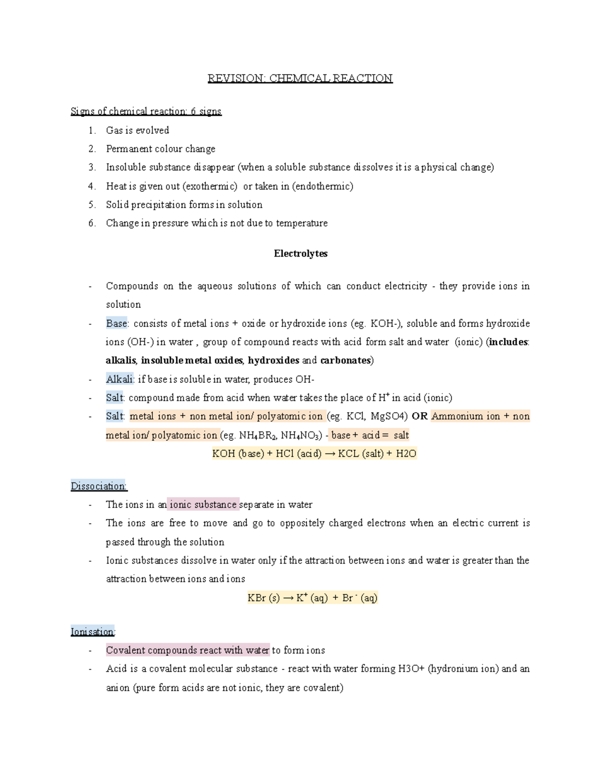 CHEM B Notes - REVISION: CHEMICAL REACTION Signs Of Chemical Reaction ...