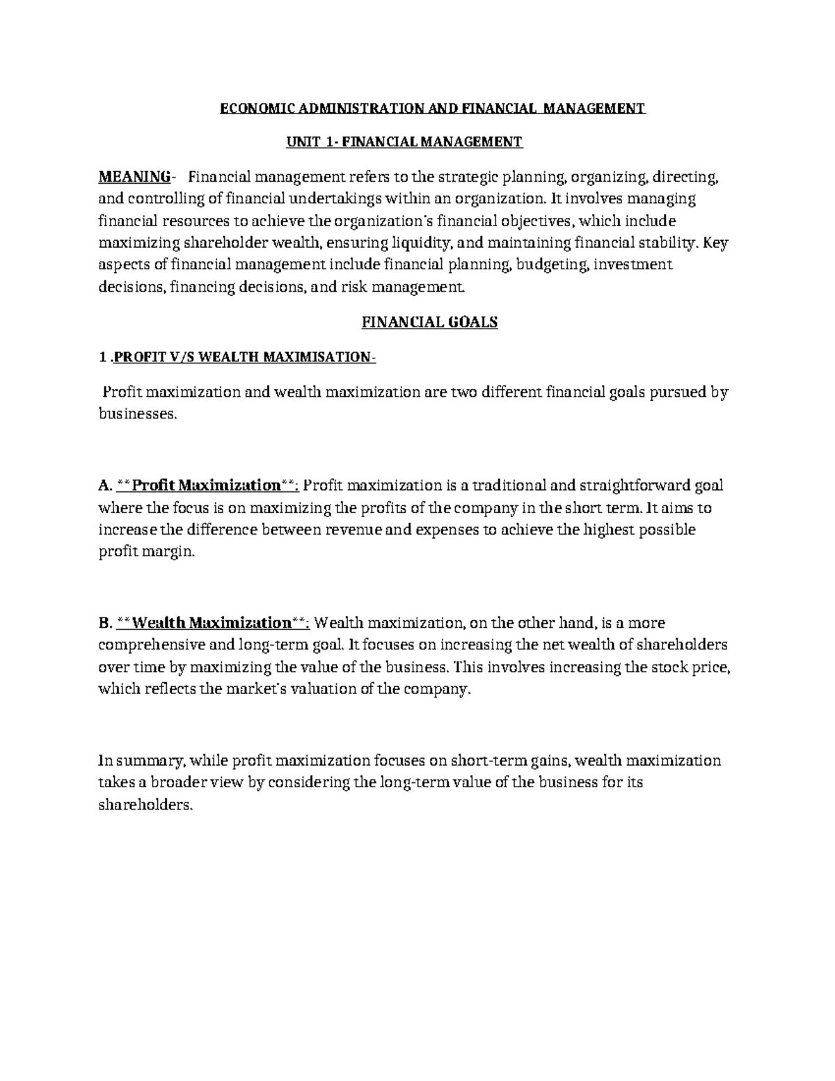 UNIT 1 Financial Managemnt - ECONOMIC ADMINISTRATION AND FINANCIAL ...