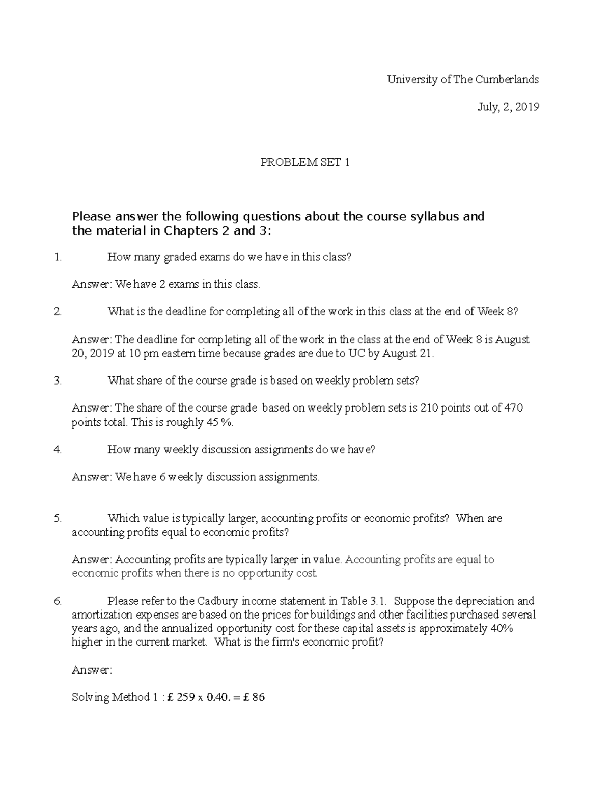Problem Set 1 - University of The Cumberlands July, 2, 2019 PROBLEM SET ...