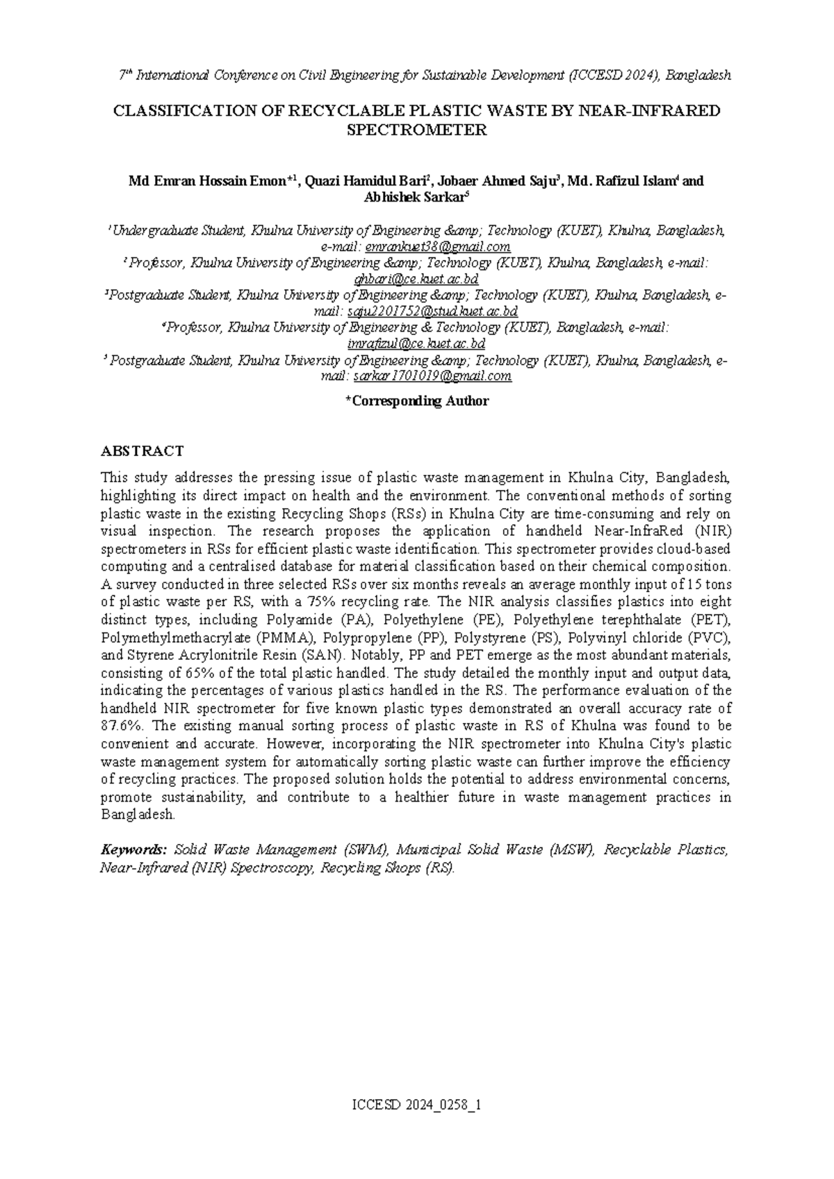 258 - CLASSIFICATION OF RECYCLABLE PLASTIC WASTE BY NEAR-INFRARED ...