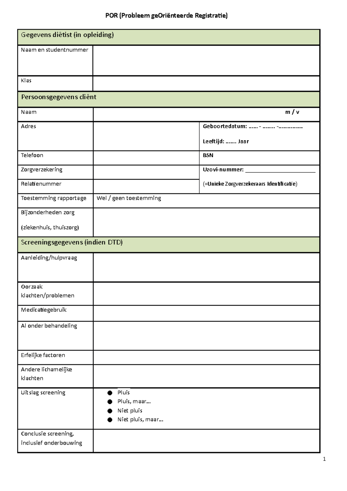 POR intake en behandelplan Gegevens diëtist in opleiding Naam en