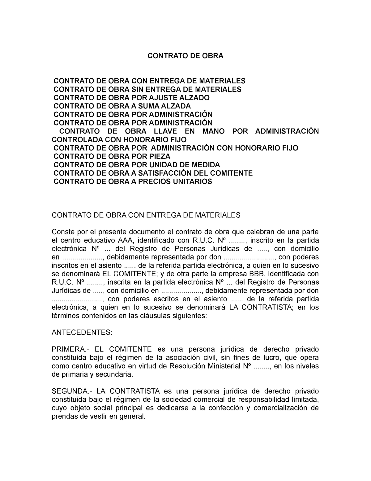 Contrato De Obra Contrato De Obra Contrato De Obra Con Entrega De Materiales Contrato De Obra 8657