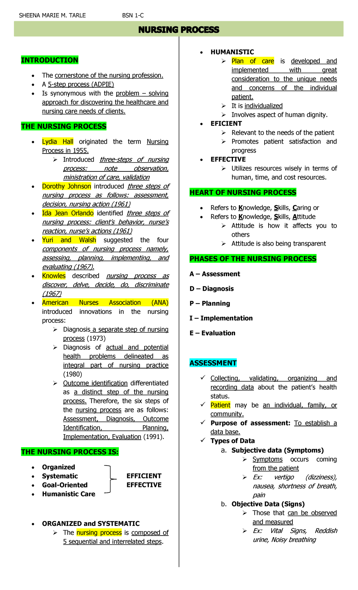 Nursing Process Bullet Notes - Introduction The Cornerstone Of The 