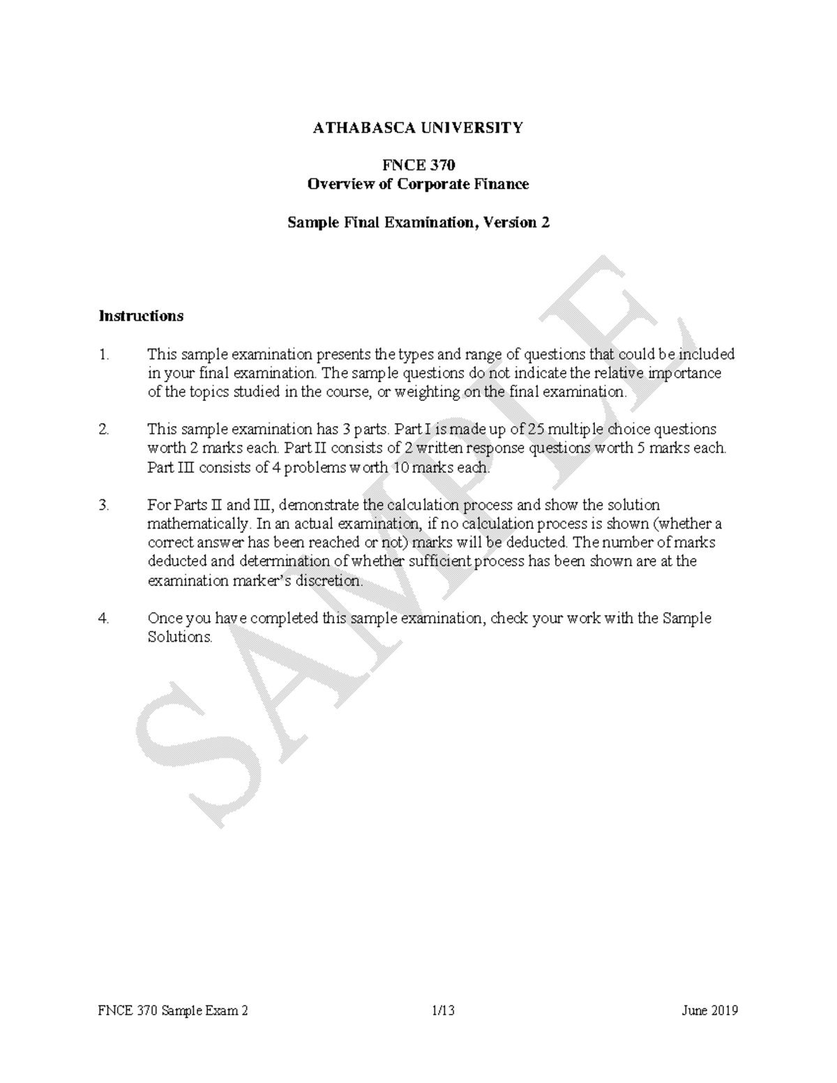 Microsoft Word - Sample Exam 2 - ATHABASCA UNIVERSITY FNCE 370 Overview ...