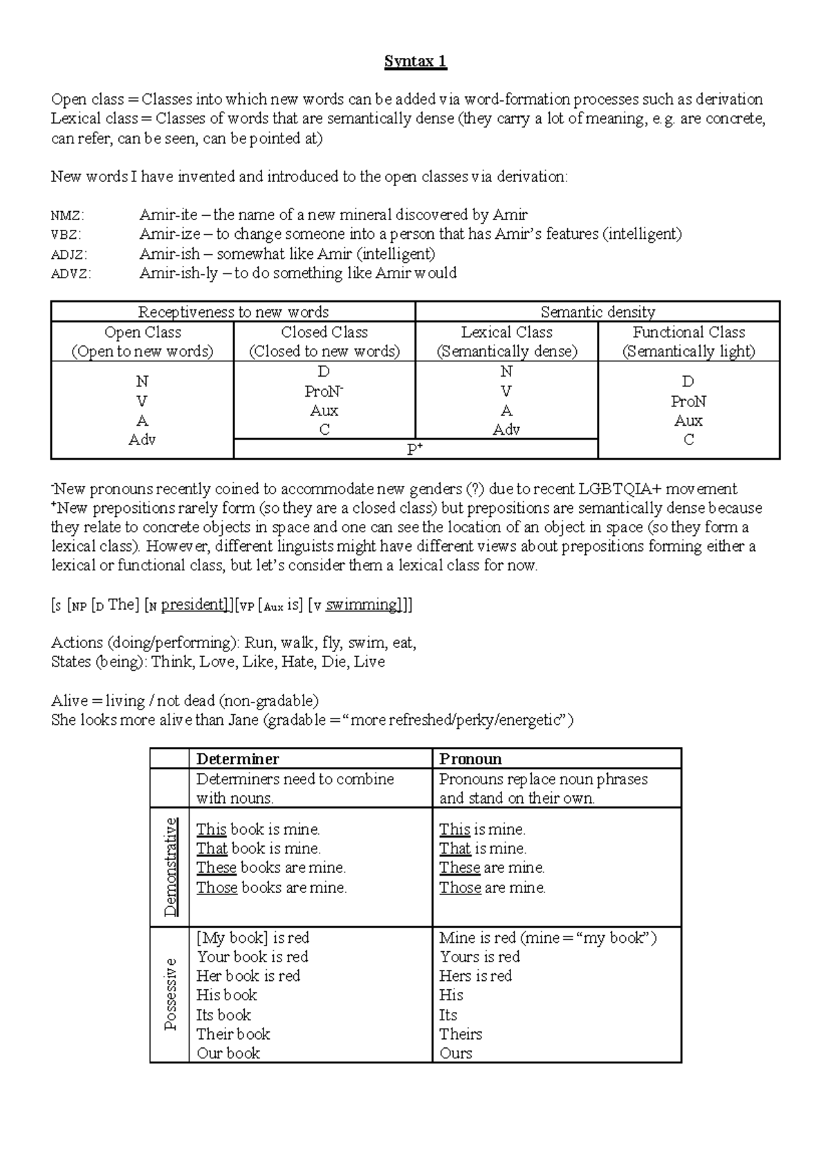 Notes - Syntax 1 - Syntax 1 Open class = Classes into which new words ...