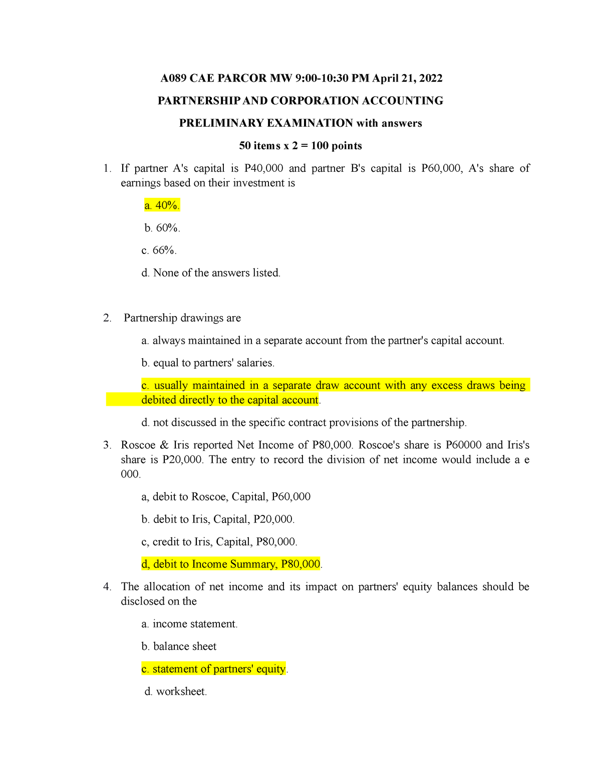 Intacc Prelim Exam A089 Cae Parcor Mw 9 00 10 30 Pm April 21 2022