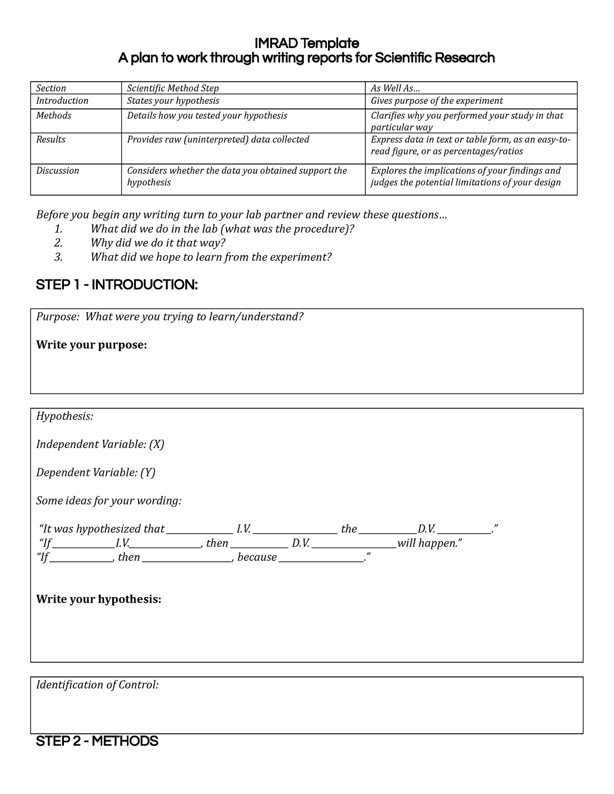 Imrad Template - njhk - IMRAD Template A plan to work through writing ...