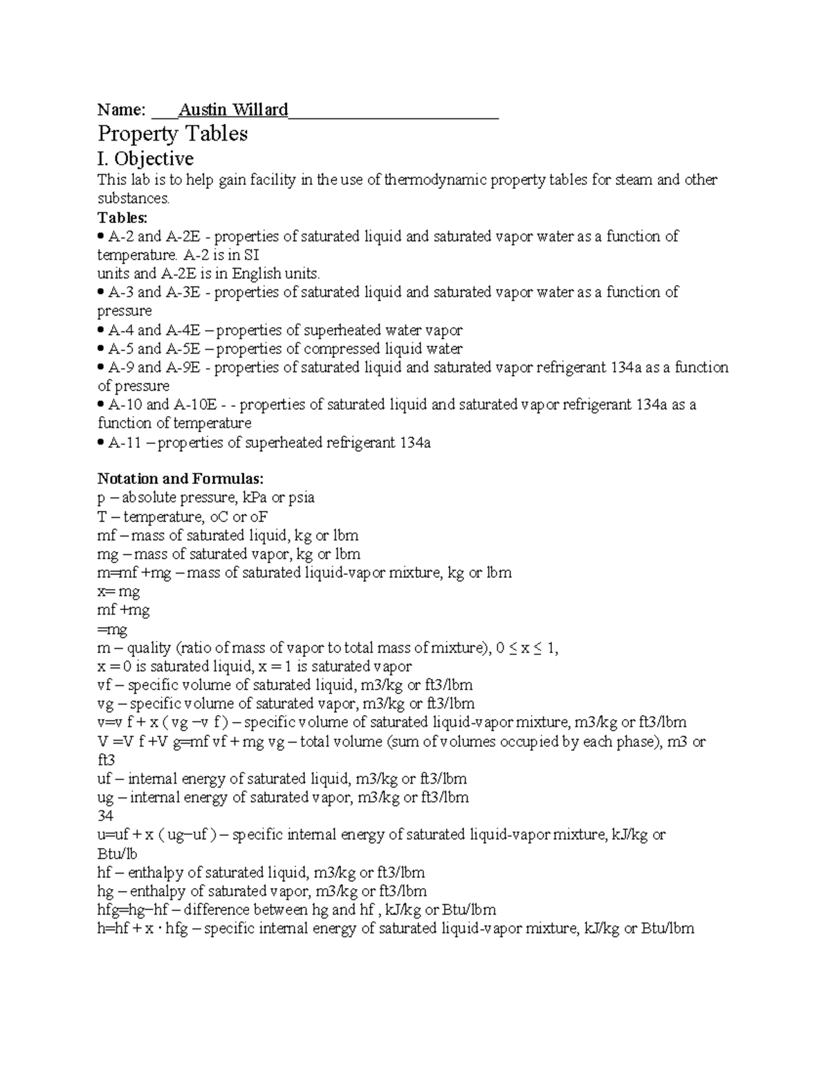 Austin Willard - Property Tables Lab - Name: Austin Willard ...