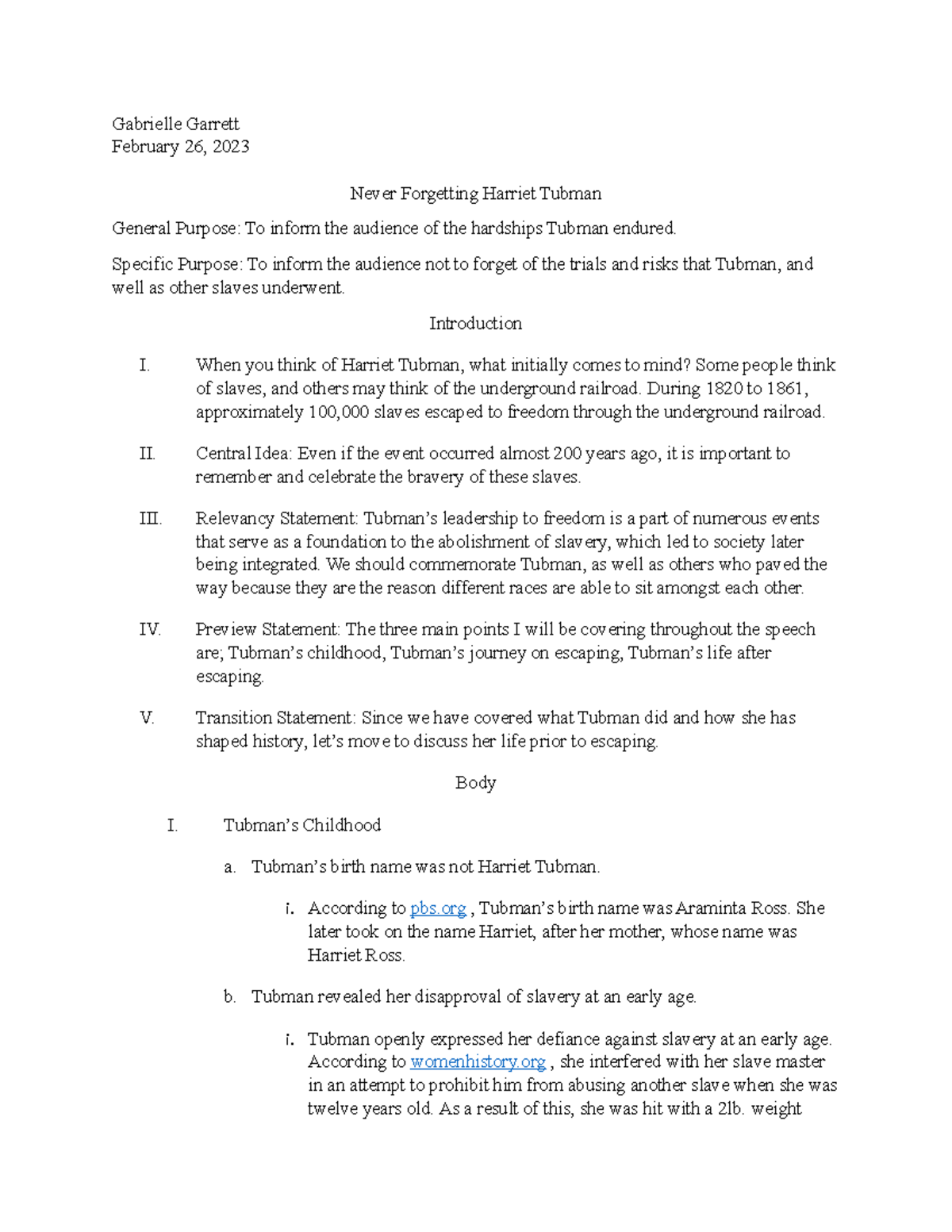 Special Occasion Speech Outline Gabrielle Garrett February 26, 2023